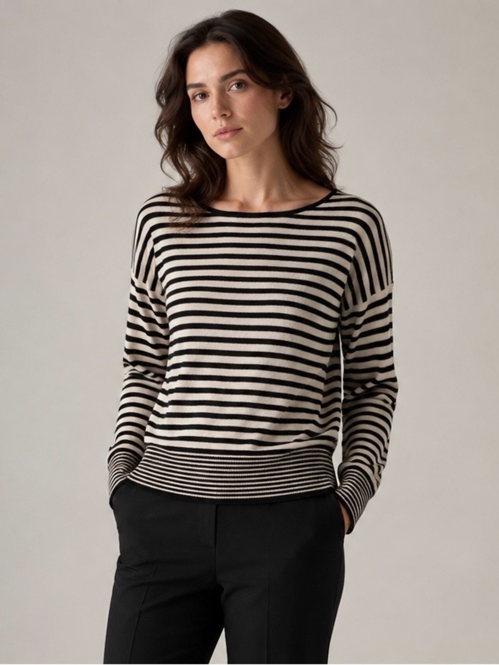 Joie Black and Cream Striped Cashmere Sweater - L
